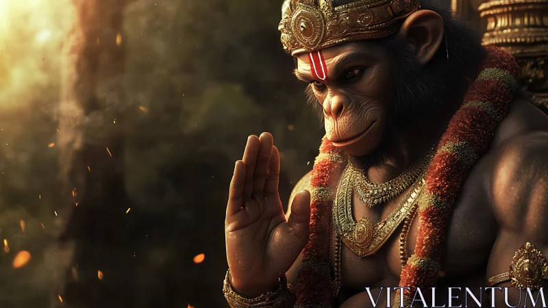 Divine monkey warrior offers serene blessing in golden light.