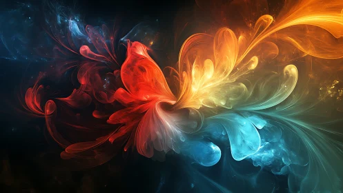 Colorful energy plumes swirl together in a luminous cosmic dance