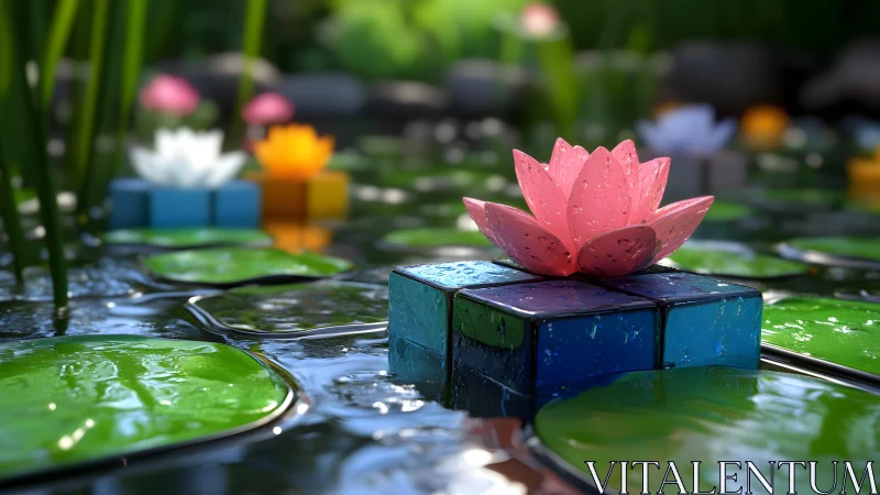 Pink lotus flower on geometric blocks in serene digital pond scene.