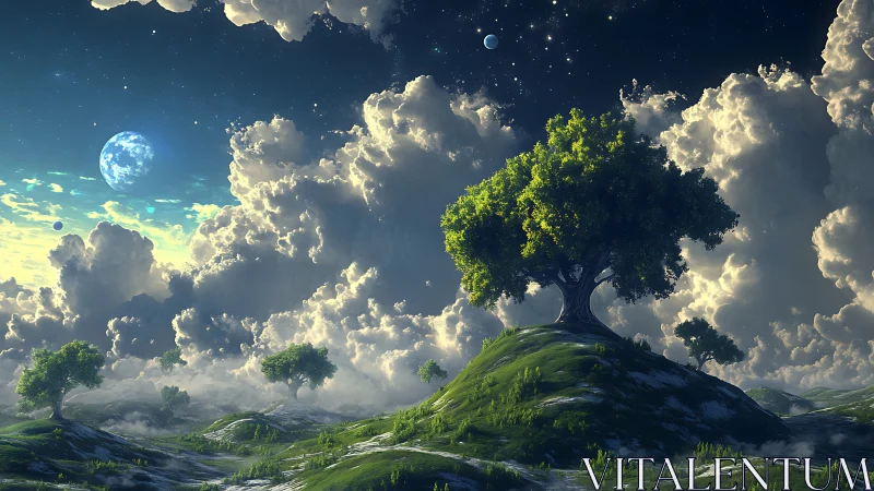 Luminous alien hillside trees under vast nebula sky.