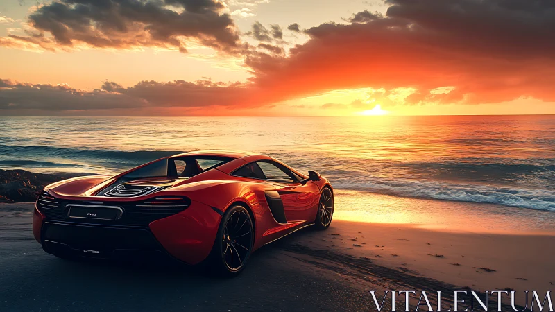 Red sports car parked on coastal beach at vivid sunset.