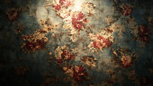 Vintage floral wallpaper glows under warm spotlight.