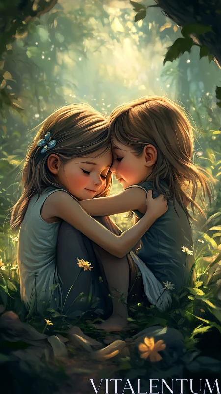 Two young girls sit embracing in soft forest sunlight