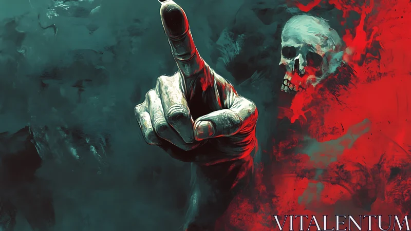 Crimson omen hand points from a storm of shadow and bone.