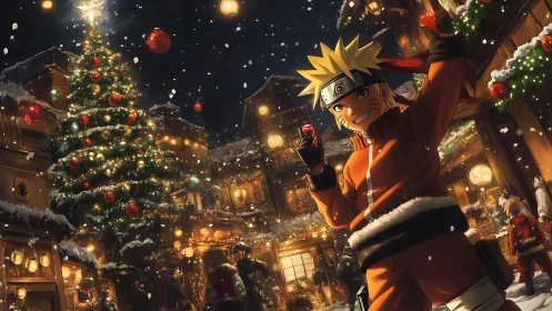 Anime character stands in illuminated snowy village at night