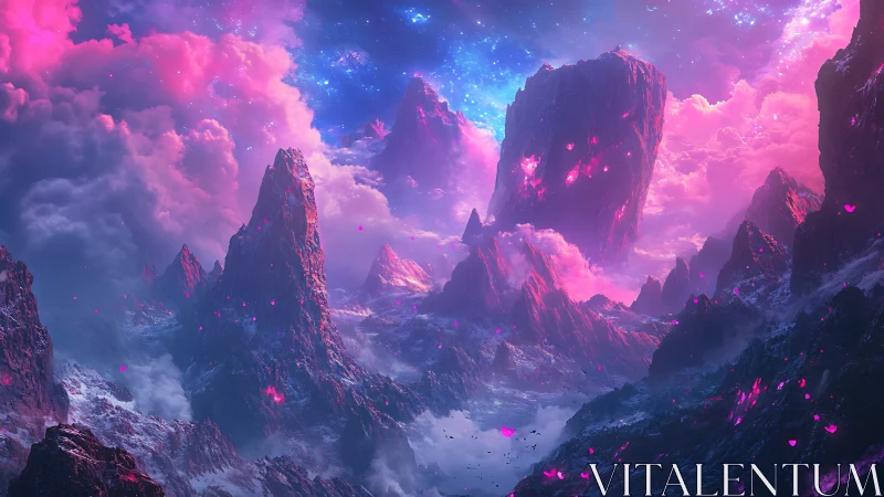 Volumetric nebula sky over crystalline alien mountainscape glows
