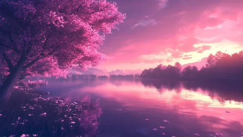 Dreamy pink lakeside at sunset glows with tranquil light
