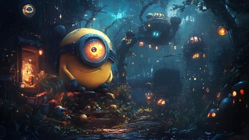 Friendly one-eyed creature explores glowing forest village.