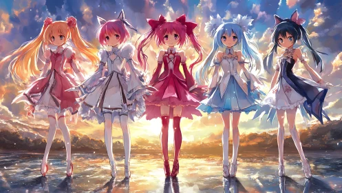 Anime magical girl lineup in luminous sunset environment.