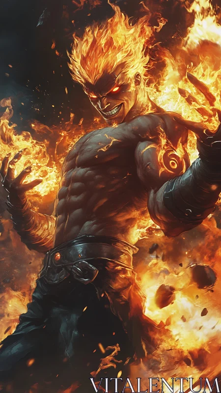 Fiery humanoid figure stands amid erupting flames and debris
