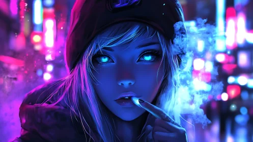 Neon lit anime girl in futuristic city street at night.