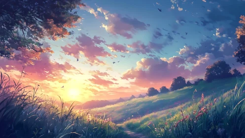 Sunrise over wildflower meadow under vivid painted sky.