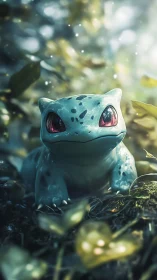Bulbasaur style creature in soft forest light portrait.