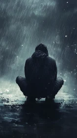 Solitary hooded figure crouching alone in heavy rain.