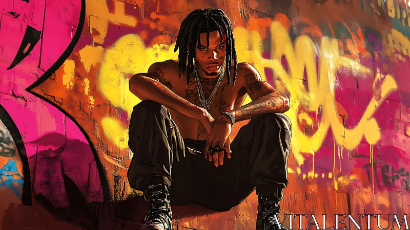 Urban digital painting portrait with neon graffiti wall backdrop.