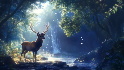 Majestic stag in sunlit enchanted forest by waterfall, digital art.