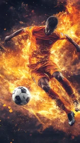 Fiery soccer forward kicking ball through explosive flames.