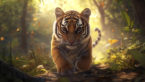 Curious tiger cub exploring a sunlit forest path playfully.