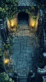 Hidden ivy-lit courtyard leading toward a secret doorway.