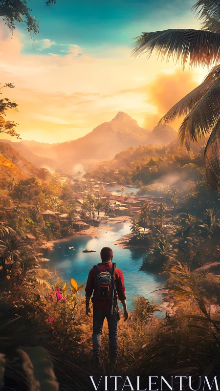 Backpack traveler gazing over a glowing tropical river valley.