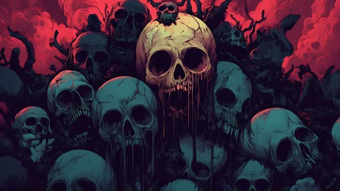 Dripping skull monument towers over a blood-red infernal sky