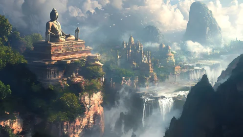 Majestic cliffside temple city above misty waterfalls.