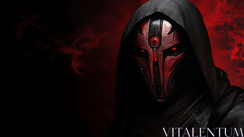 Hooded red-masked warlord in dramatic infernal shadows.