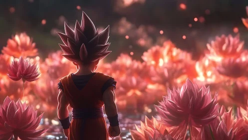 Anime warrior kid stands in glowing pink lotus field.