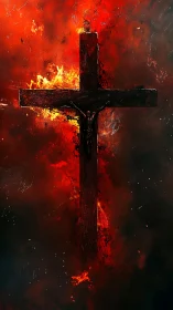 Crucifix engulfed in apocalyptic fire and scarlet storm.