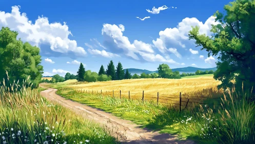 Country dirt road curves past sunlit summer wheat fields.