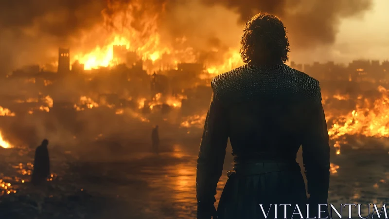 Solitary Warrior Observing Urban Conflagration in Apocalyptic Wasteland.