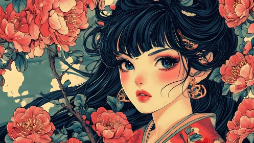 Crimson blossoms framing a porcelain heroine in kimono portrait.