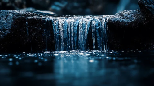 Gentle waterfall spills into a calm, reflective blue pool