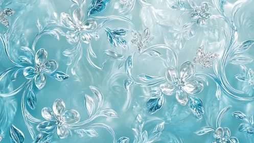 Glass-like floral ornaments overlay translucent aqua background