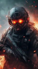 Armored cyber soldier with blazing visor in battlefire.