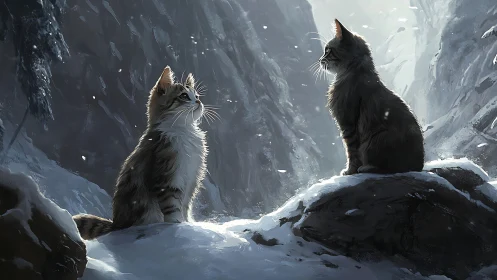 Two felids in alpine canyon environment under overcast conditions.