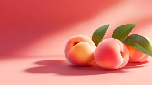 Fresh ripe peaches with leaves on pink background, soft light.