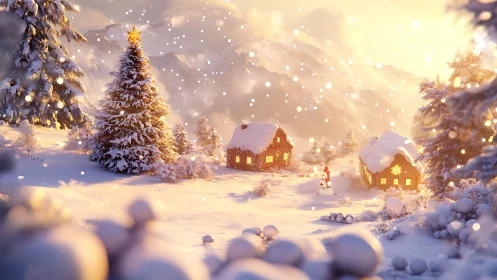 Snowy alpine village glows under golden winter sunset.