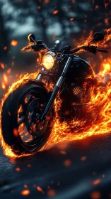 Flaming black motorcycle burns across a dark highway.