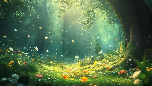 Enchanted Forest Glade with Sunbeams and Wildflowers, Fantasy Art.