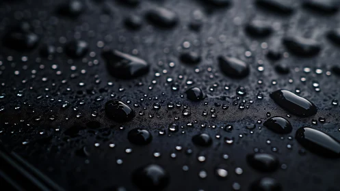 Macro depth-of-field study of water droplets on dark textured surface