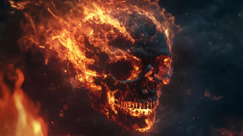 Infernal flaming skull emerging through swirling darkness.