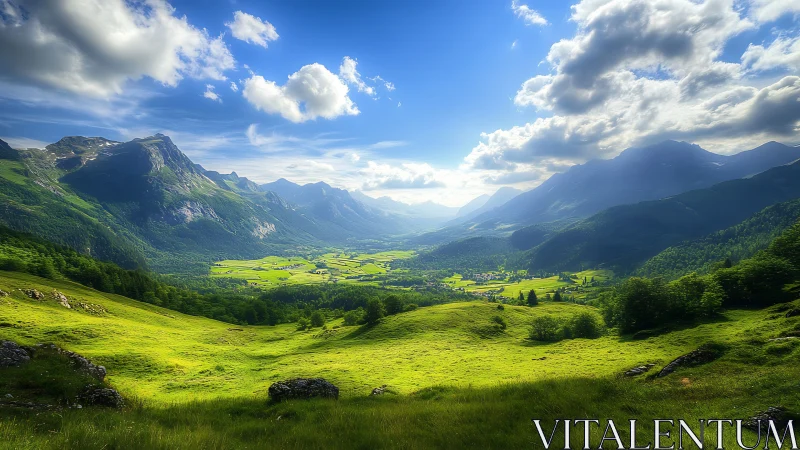 Sunlit valley with green meadows and distant mountain range.