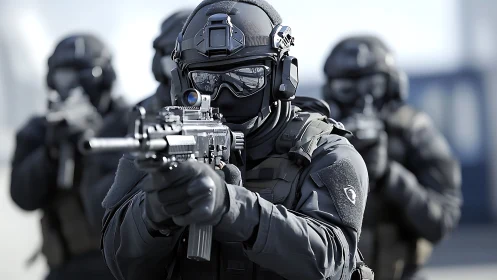 Tactical assault team advances with rifles drawn in formation.