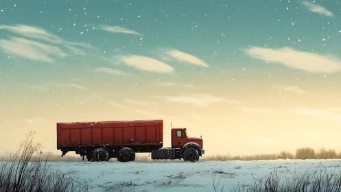 Scarlet freight truck pauses under a pastel winter sky.