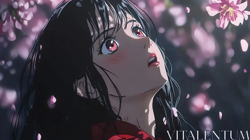 Anime girl under soft bokeh sakura light, upward gaze focus.