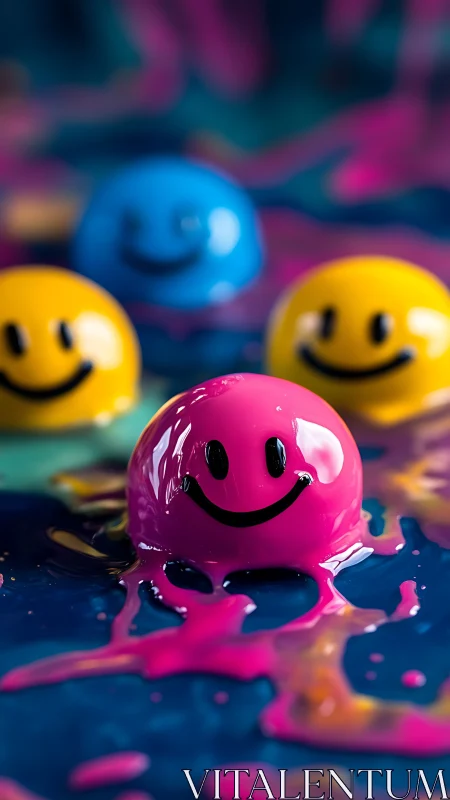Glossy smiley spheres in bright dripping paint pools.