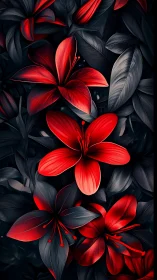Crimson Flowers Against Dark Foliage. Vibrant Botanical Study.