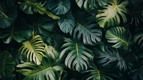 Dense tropical monstera foliage with overlapping leaves.