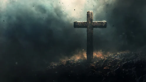Rising cross stands strong amid swirling smoke and light
